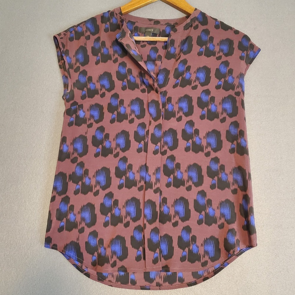 J Crew Womens Silk Top 00P Purple Animal Print Cap Sleeve Blouse Shirt 00 Petit